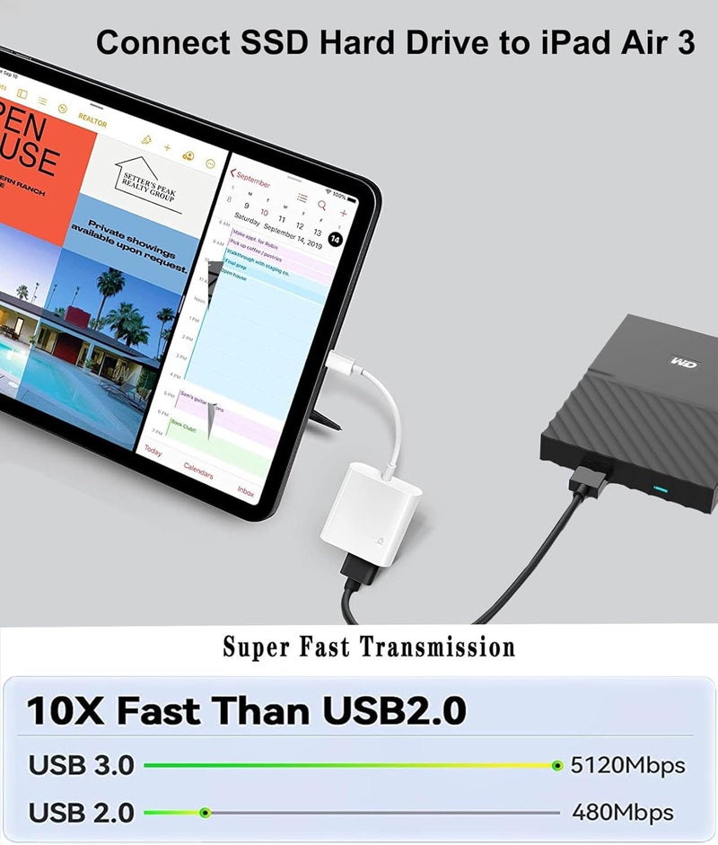 Wahbite Apple Lightning to USB Camera Adapter with Charging Port for iPhone/iPad to Connect USB Flash Drive, SSD Hard Drive, Card Reader, Keyboard, Mouse, Hubs, MIDI, Plug & Play - Image 4